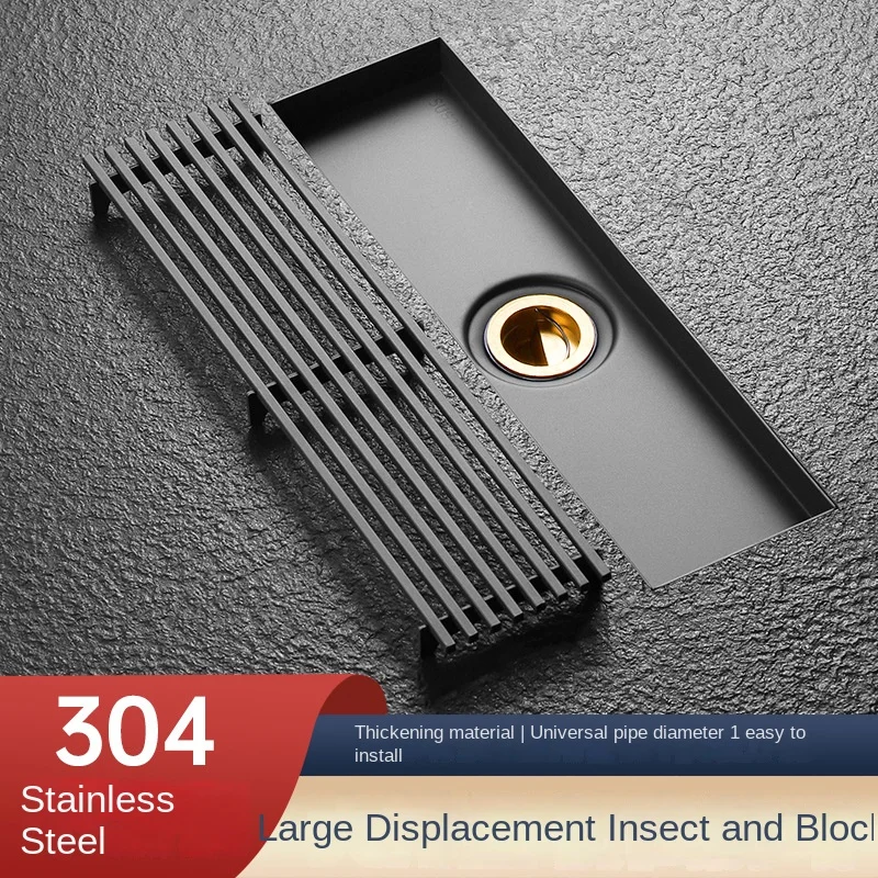 Gunmetal gray long bar floor drain long 304 stainless steel anti-odor all copper core bathroom rectangular large capacity