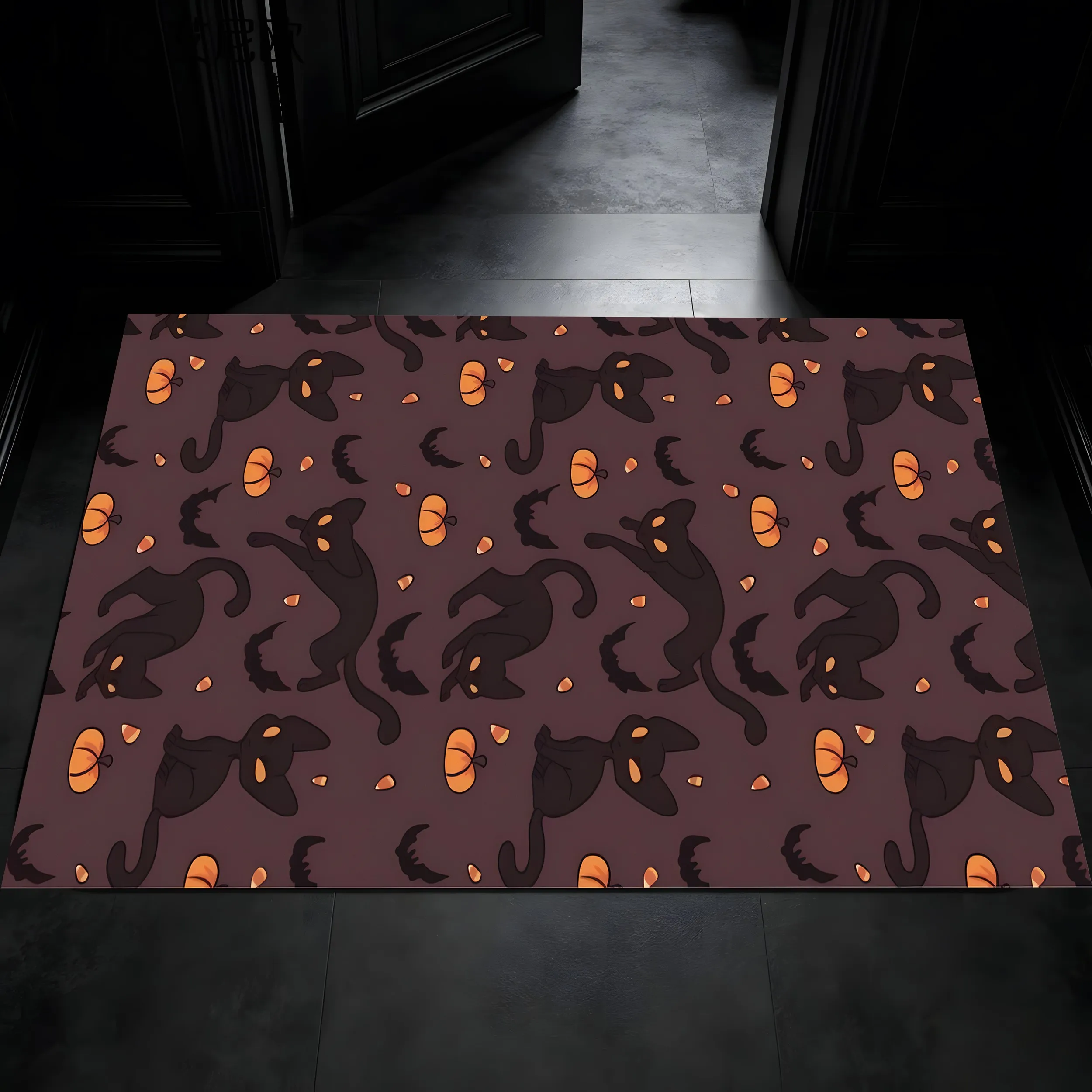 Velvet Black Cat Pumpkin Bat Halloween 2D Rug for Living Room Bedroom Bedside, Autumn/Winter Warm