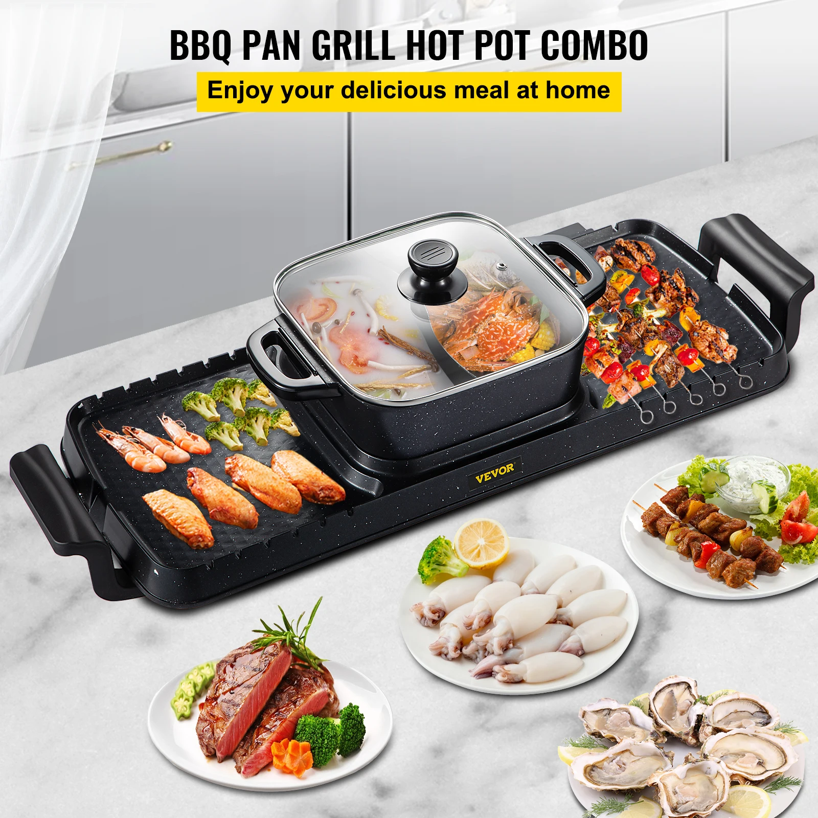 VEVOR 2 in 1 Electric Grill and Hot Pot 2400W BBQ Pan Grill and Hot Pot Multifunctional Teppanyaki Grill Pot Dual Temp Control