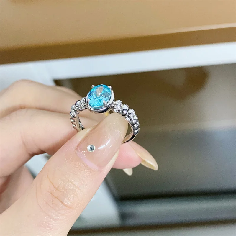 S925 sterling silver Paraiba ring neon blue-green light luxury style niche design colorful treasure girl