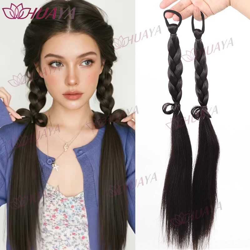 2Pcs Synthetic Butterfly Braid Ponytail Hair Extensions, Long Straight Pre‑braided Fake Ponytail with Elastic Tie, Y2K Style Hai