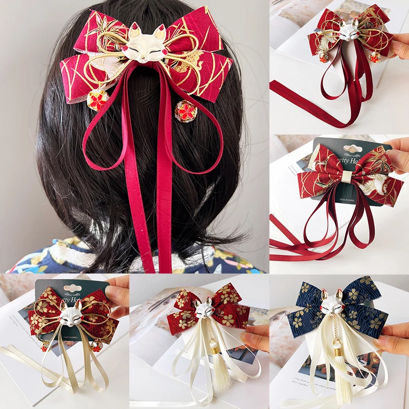 1Pc Exquisite Japanese Fox Bow Tassels Ribbon Hair Clip Headwear Girl Cartoon Hairpin Hanfu Cosplay Clothing Accessories