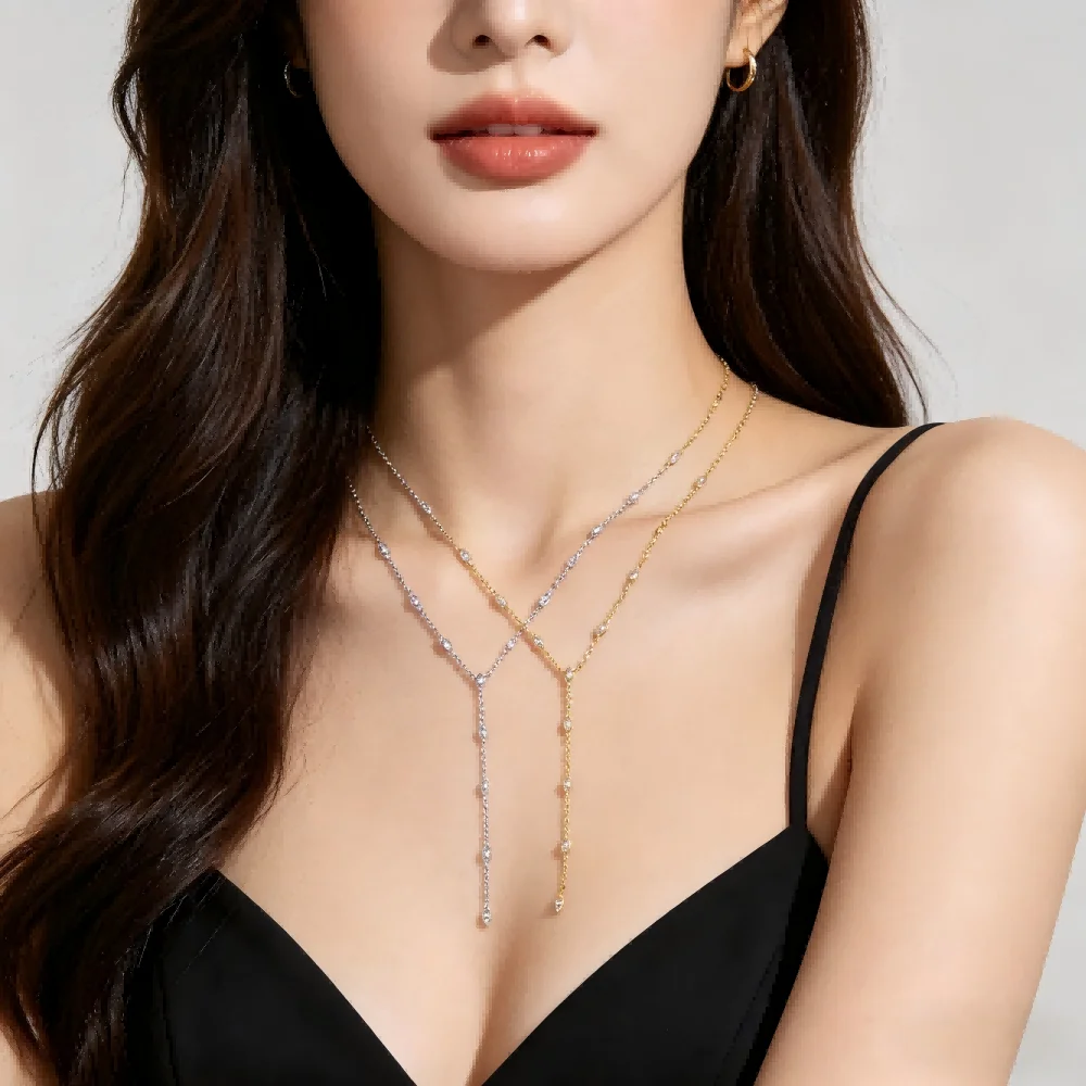 Geometric Marquise Cubic Zirconia Long Pendant Necklaces for Women Gold Platinum Color V Shape Neck Fashion Jewelry for Party