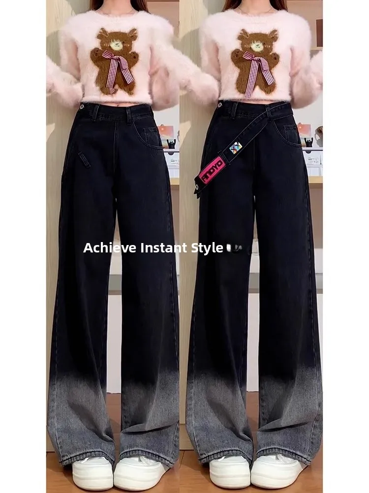 

High Waist Wide Leg Gradient Black Grey Zipper Side Women's plus Size Jeans Spring Autumn American Retro Style Casual Trousers
