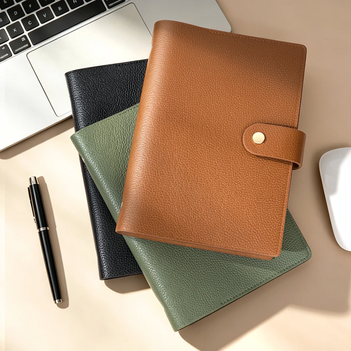 Genuine Leather A5 Loose Leaf Notebook Litchi Grain Business Journal with Gift Box Metal Rings Replacement Inner Pages for