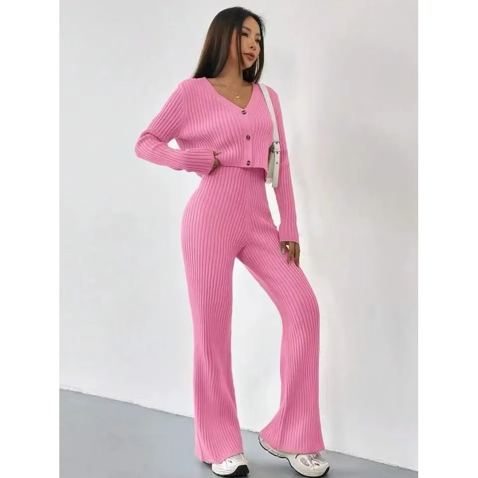 

Женские вязаные комплекты из двух предметов, короткие кардиганы с длинными рукавами и v-образным вырезом + расклешенные брюки, однотонные наряды, женская повседневная одежда, костюмы