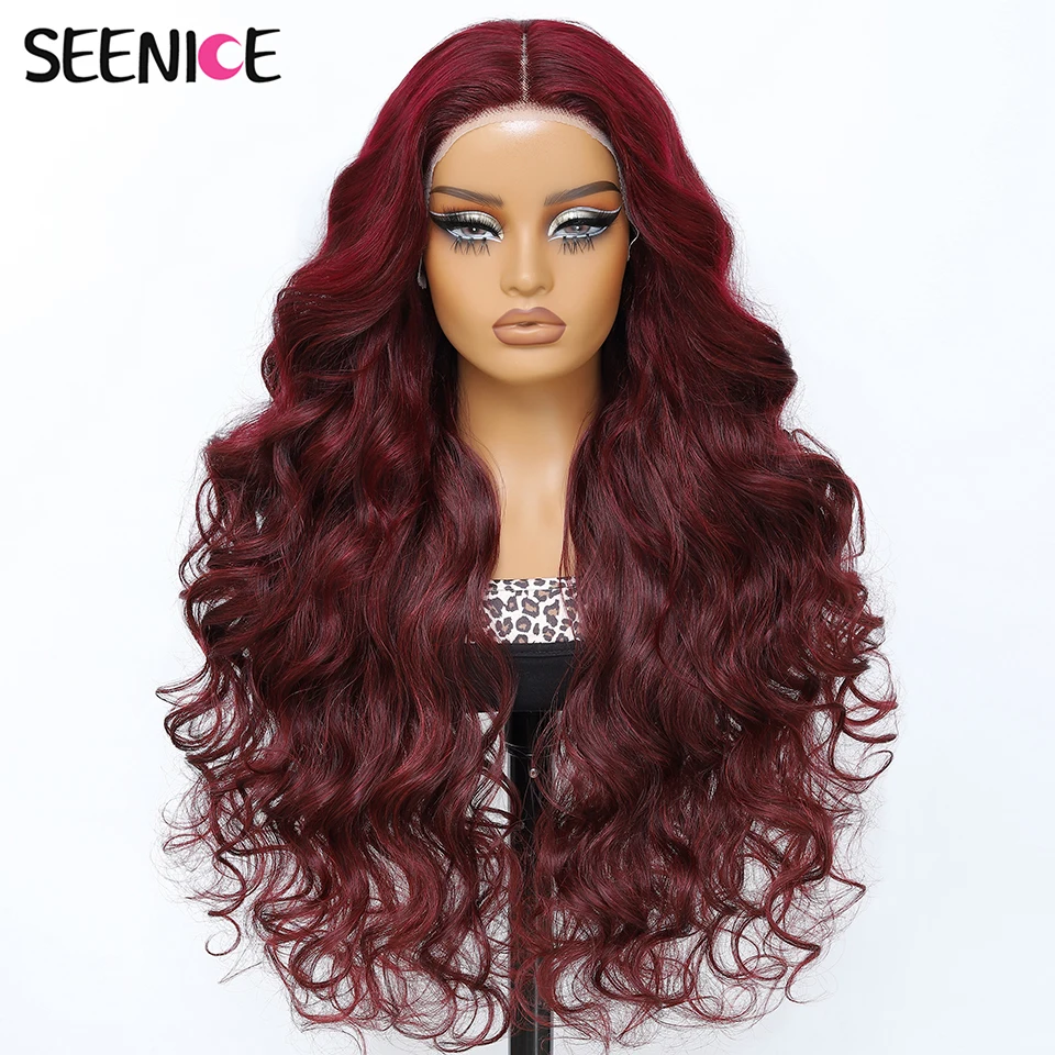 

28-дюймовый длинный волнистый парик цвета винного красного с кружевной передней частью, T-образной формы, естественного вида, термостойкий, из синтетического смешанного волокна, ручной работы, с кружевной передней частью