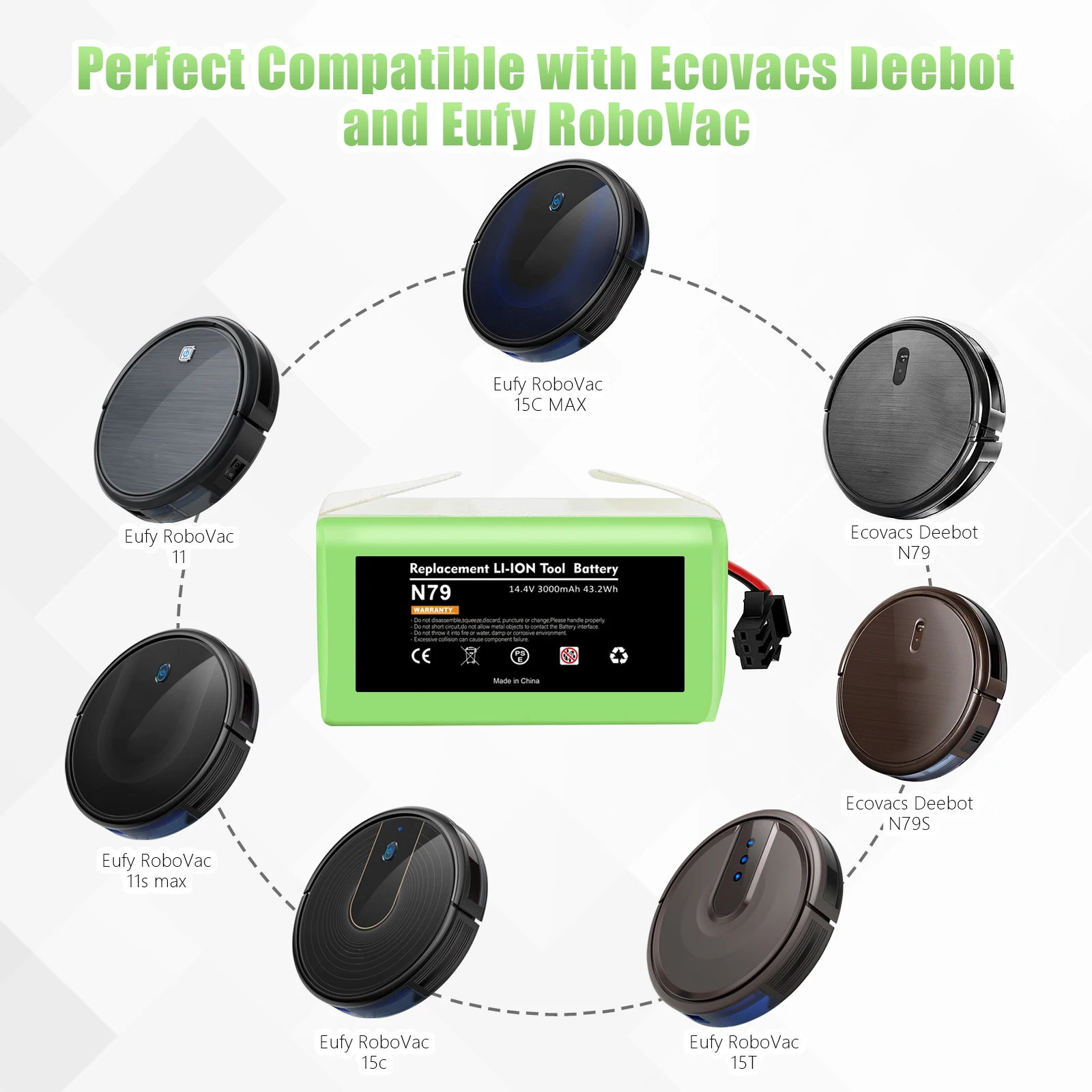Batería de iones de litio para Conga Excellence, 14,4 V, 3000mAh, 950, 990, 1090, 1790, 1990, Deebot N79S, N79, DN622, Eufy, Robovac, 11S, 12x500