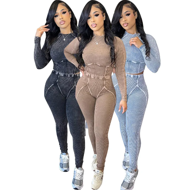 

Autumn Winter New Fashion American Women's Striped Skinny Casual Trendy 2 Piece Sets Long Sleeve Washed Tops Pencil Trousers
