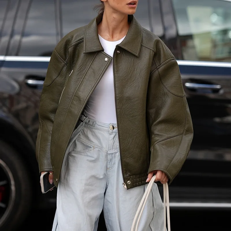 HKSH Primavera Autunno Nuova Giacca da donna in pelle Pu Colletto rovesciato Cerniera Versatile Retro Cappotto di tendenza per moto Chic Tide HK16016