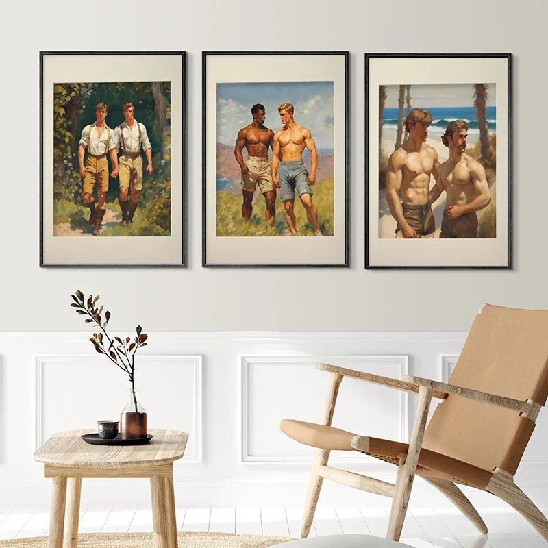 Vintage Muscular Man Gay Male Body Kiss Forest Walk Poster Print Wall Art Pictures Canvas Painting Room Bedroom Home Decor Gift
