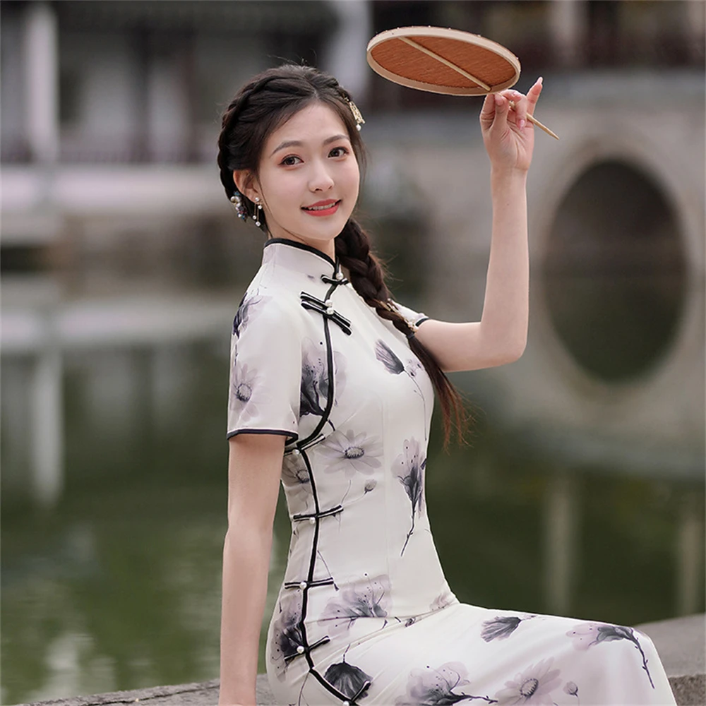 Classical Improved Short Sleeves Qipao Vintage Chinese Traditional Dress Girl Youth Style Long Cheongsam Female Wedding Costume