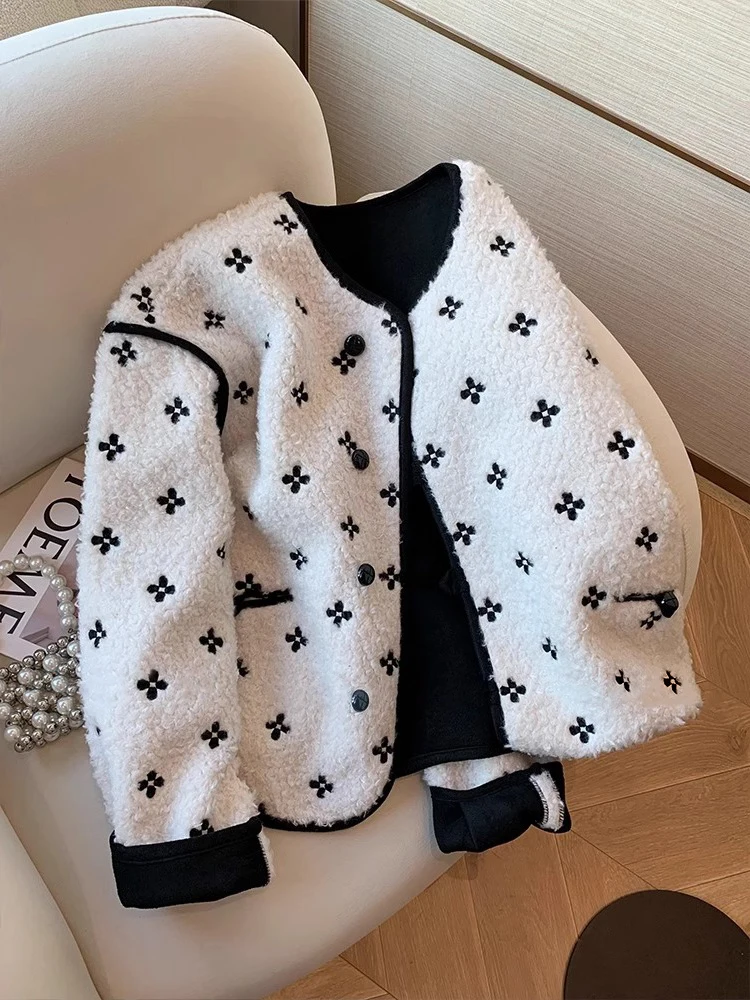 

Хлопковое джато с цветочной вышивкой Ele, женское осенне-зимнее мягкое пальто с отделкой меха ягненка, корейское свободное длинное пальто све