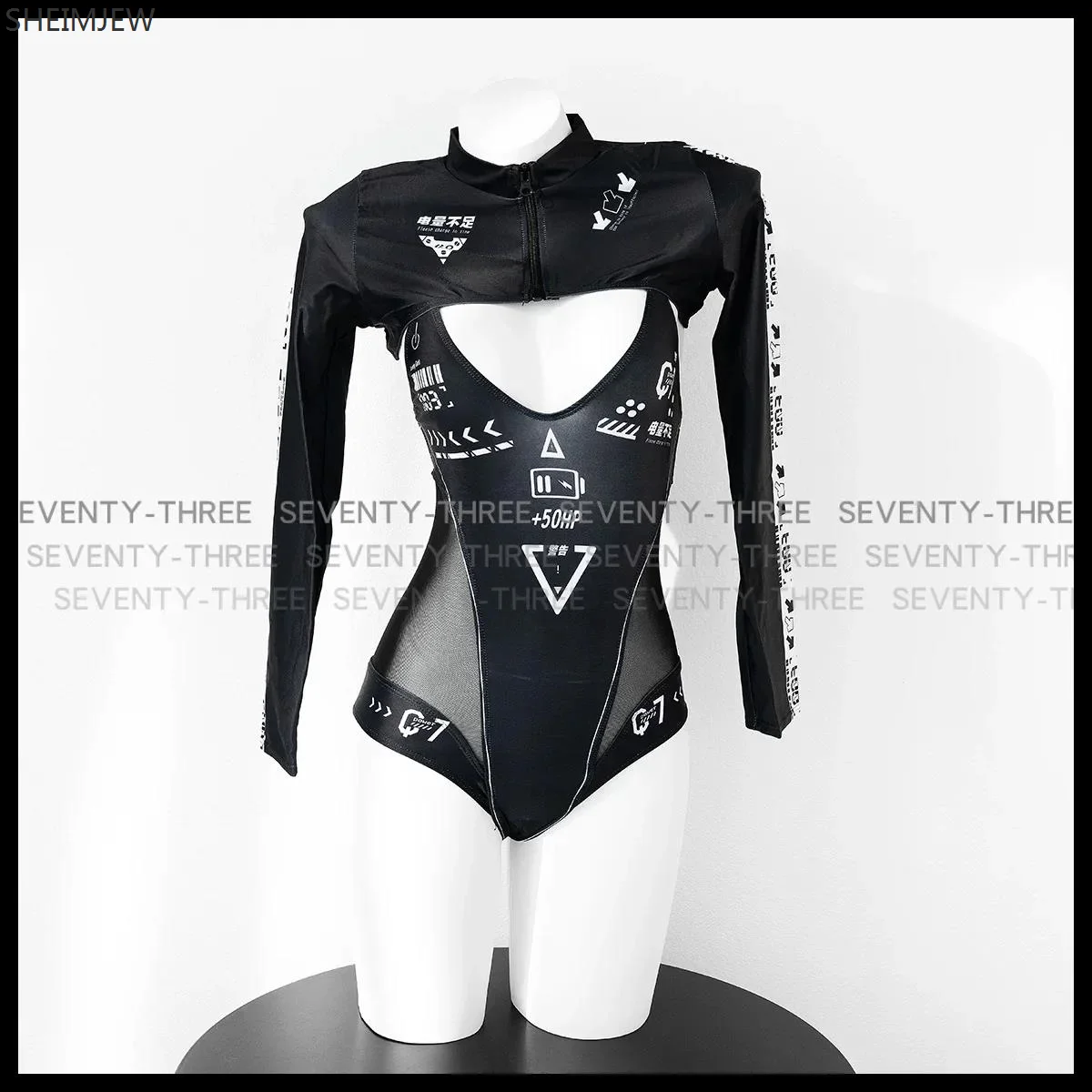 New Cyberpunk Mechanical Printed Swimsuit Sexy Cosplay Racing Women's Swimwear Hollow Mesh Perspective Suspender Two-piece Set