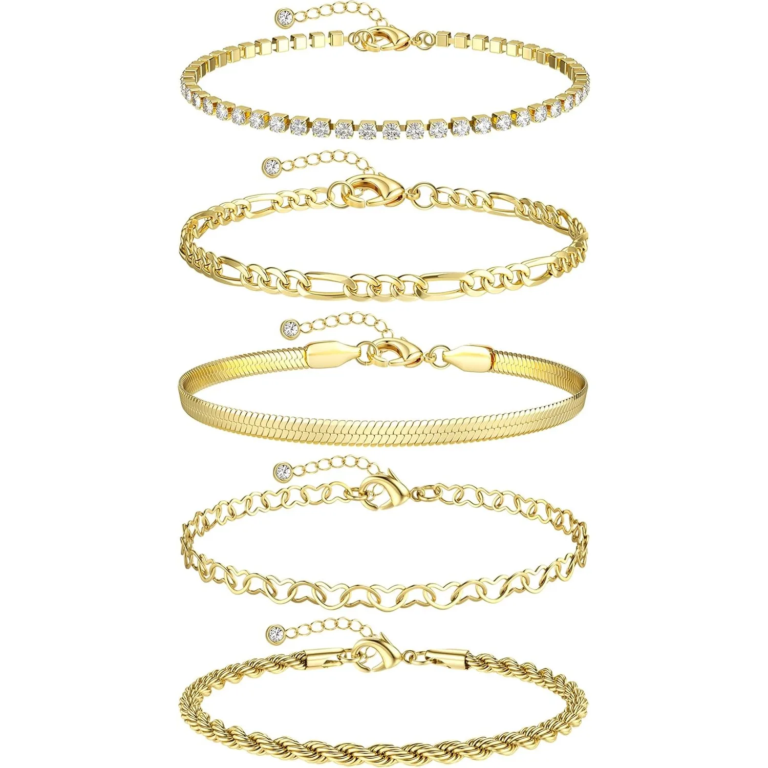 Bobisty 5-teiliges Fußkettchen-Set, 14K vergoldet, wasserdicht, Edelstahl, kubanische Gliederkette, für Damen, Sommer, Strand, Schmuck