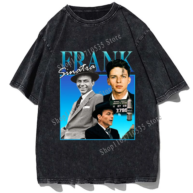 

FRANK SINATRA Printed Tshirt Summer Round Neck T-shirt Vintage Washed Cotton Oversize T Shirt Fashion Men Harajuku Tees Tops