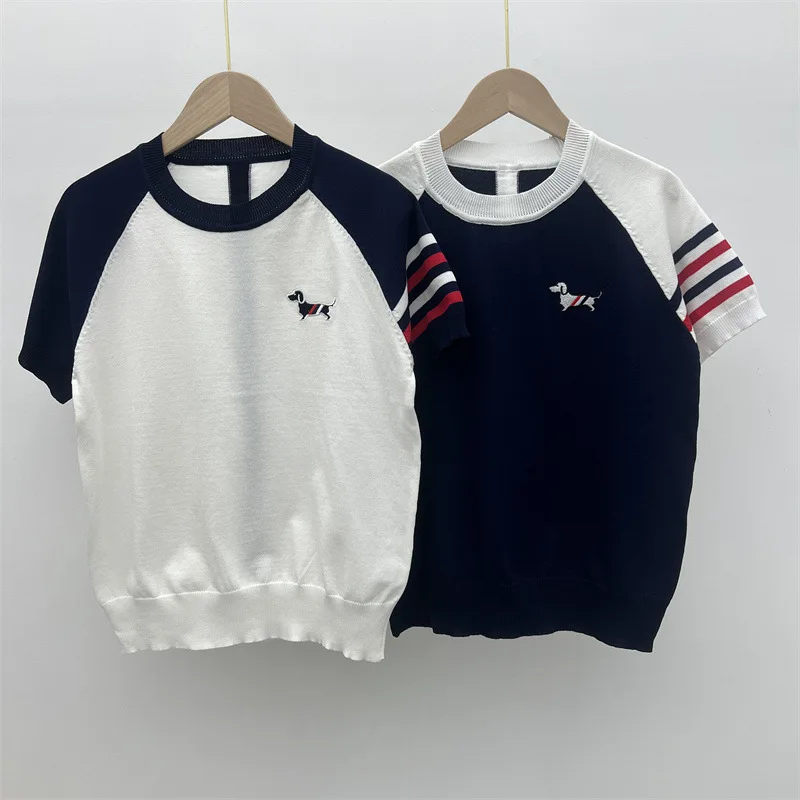 TB style summer new college style round neck dog embroidery shoulder striped knitted short sleeved T-shirt top