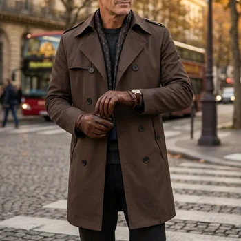 Men's Lightweight Double-Breasted Travel Trench Coat 5 Autumn Men's Windbreaker Thin Double-breasted Jacket with Epaulettes Outdoor Travel Windbreaker Medium Length Men's Thin Coat 5