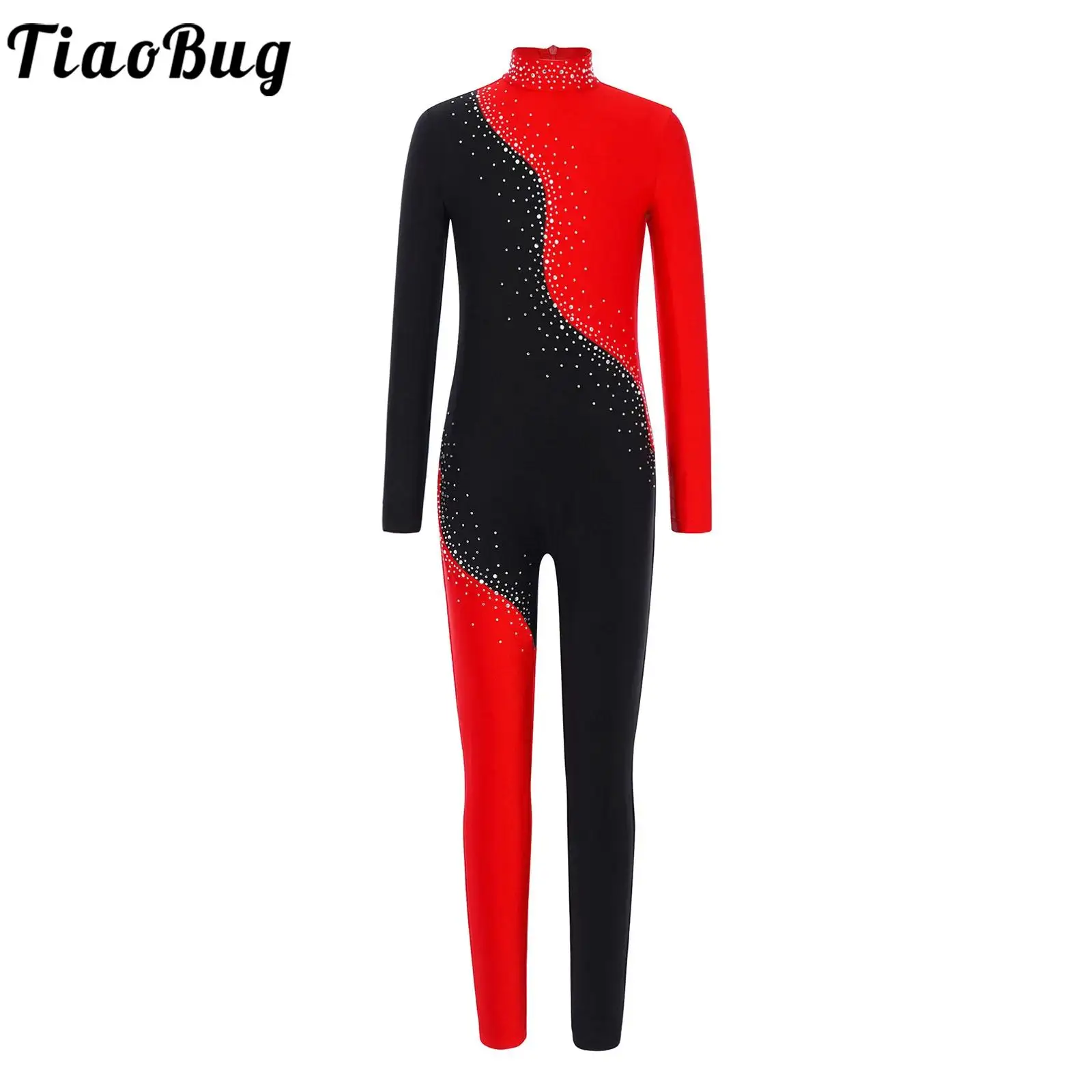 

Kid Girls Rhinestones Gymnastics Jumpsuit Figure Skating Costume Bodysuit Long Sleeve Zipper Full Body Leotards Ballet Dancewear