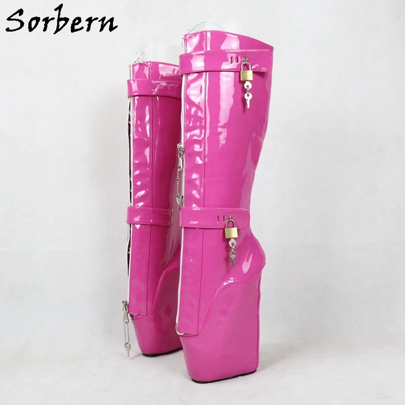 

Sorbern Hot Pink Ballet Wedge Boots Fetish Unisex Shoes With Double Locks Lockable Zipper Over Lace Up Custom Leg Fit Boot