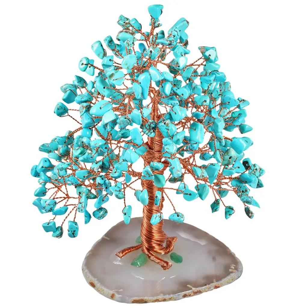 

Green Howlite Turquoise Crystal Tree With Agate Slice Base Bonsai Money Tree Home Decoration For Wealth And Luck