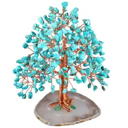 Green Howlite Turquoise Crystal Tree With Agate Slice Base Bonsai Money Tree Home Decoration For Wealth And Luck