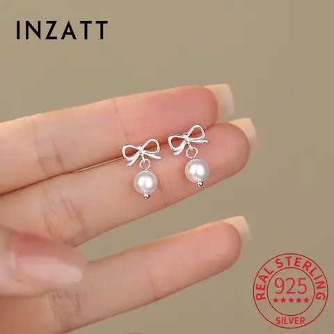 INZATT 여성용 진짜 925 스털링 실버 진주 나비매듭 펜던트 스터드 귀걸이, 클래식 파인 주얼리, 2024 여름 액세서리