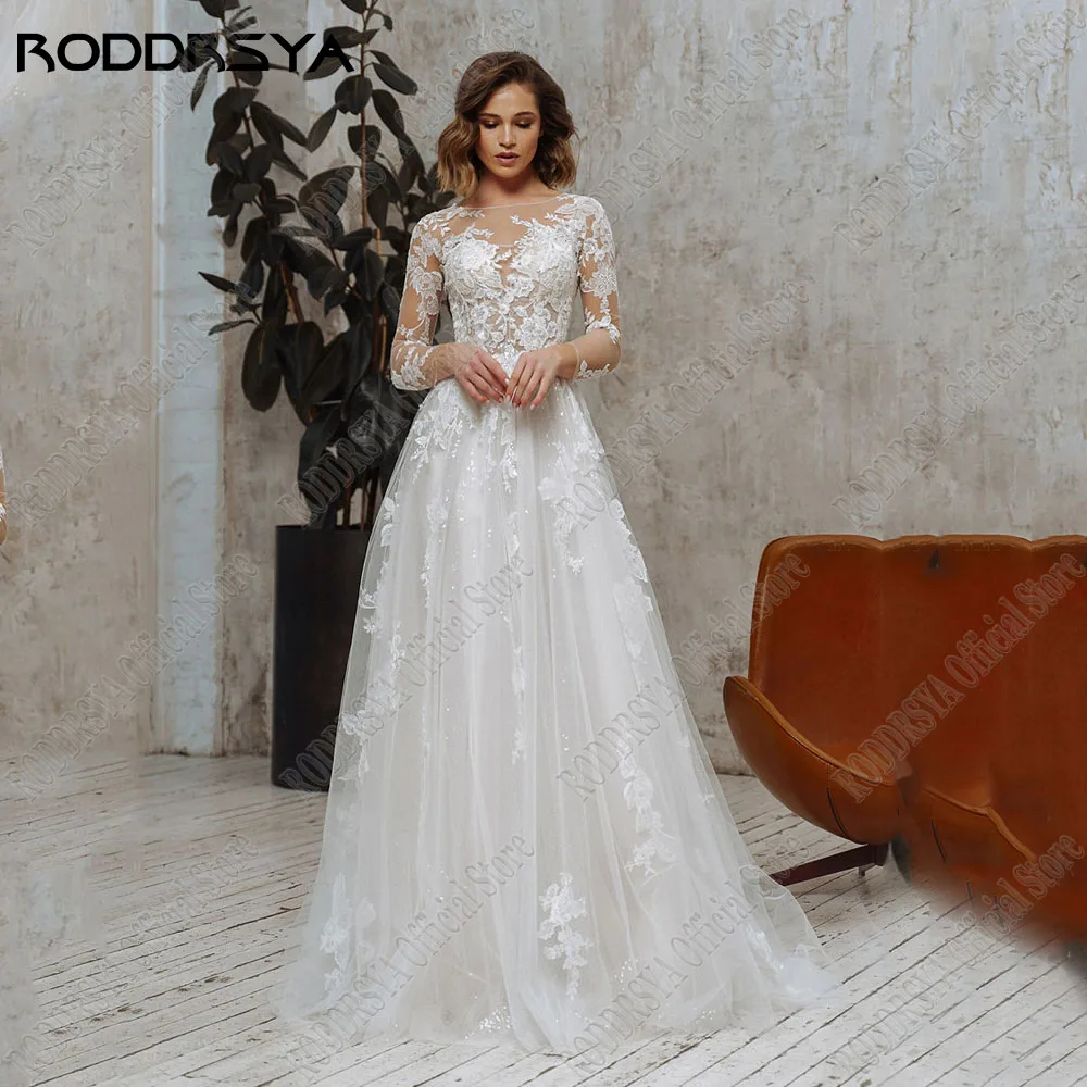 RODDRSYA Elegante Lange Mouwen A-Lijn Bruidsjurken Voor Vrouw Kant Applique Bruidsjurken IllusiRODDRSYA Elegante lange mouwen A-lijn trouwjurken voor vrouw Kant Applique Bride Gowns Illusion Tulle O-hals robe de mariée