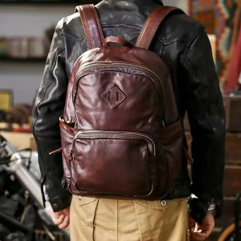 vintage travel genuine leather men's women's large-capacity backpack casual designer handmade real cow leather laptop bagpack