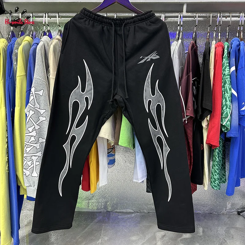 High Street Flame Printing New Joggers Sweatpants Men Woman Pants Cotton Black Red Loose Drawstring Trousers Hip Hop Casual