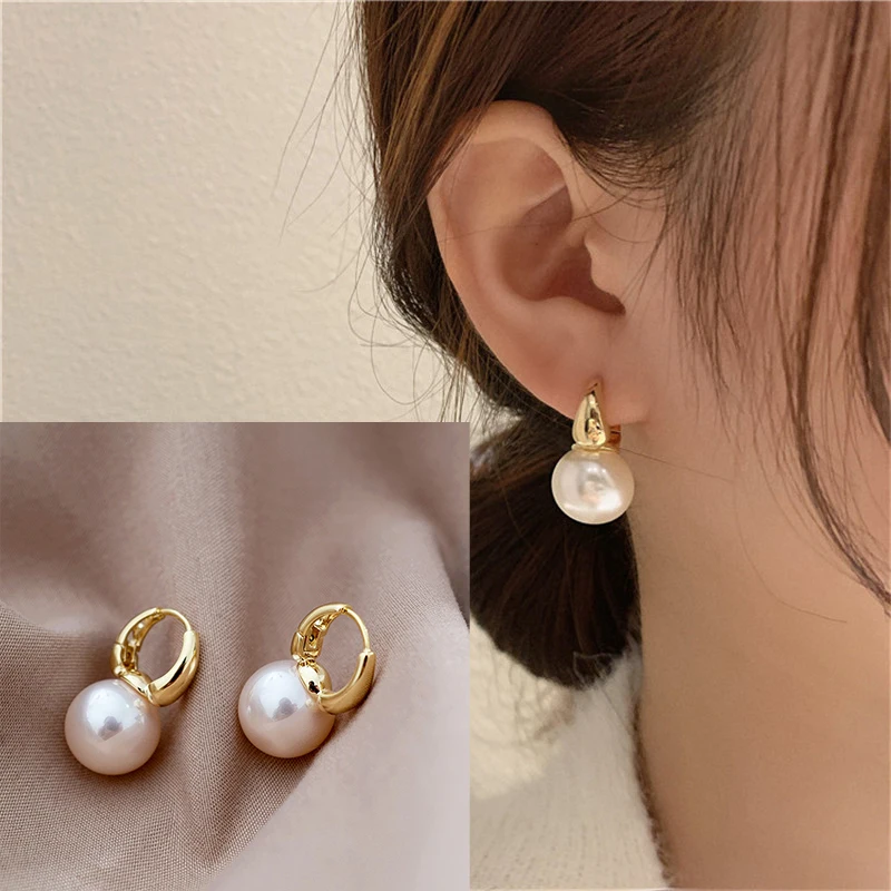 VENTFILLE 2023 New Cute Pearl Studs Hoop Earrings for Women Gold Color Eardrop Minimalist Hoops Wedding Fashion Jewelry Dropship