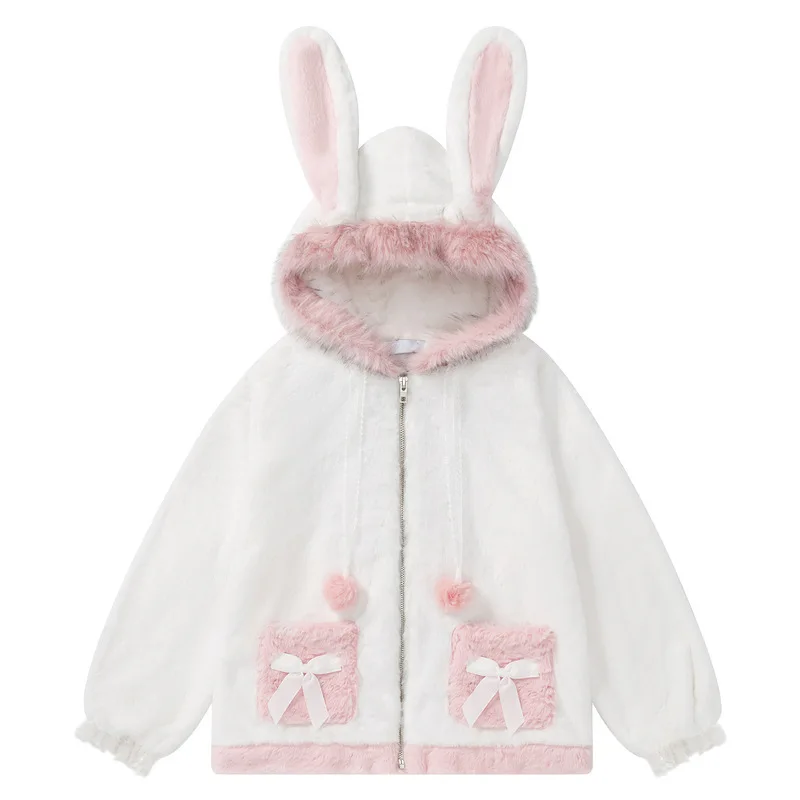2025 invierno blanco nuevo empalme esponjoso orejas de animales suelto lindo abrigo de mujer diseño francés con capucha chaquetas cálidas de lana de cordero señoras