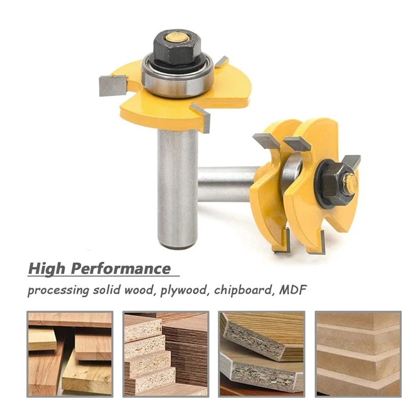 1/2 Inch Shank Matched Tongue Groove Router Bits Set 3 Teeth T Shape Grooving Cutter Woodworking Milling Cutting Tool