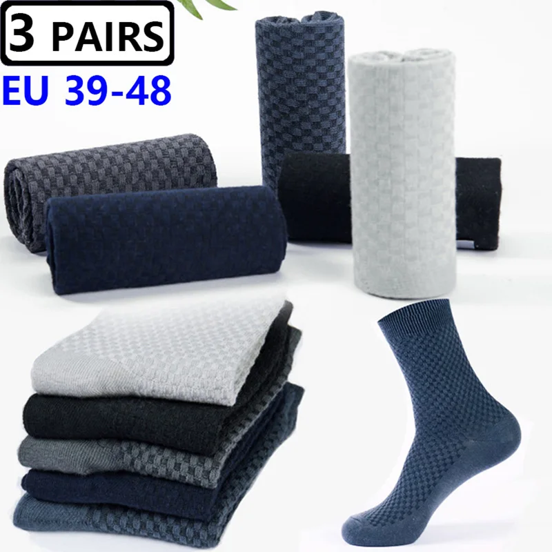 Mens 3 Pairs Bamboo Charcoal Fiber Deodorant Socks Large Size43-48 Spring Autumn Middle Tube Casual Business Sock Men Calcetines