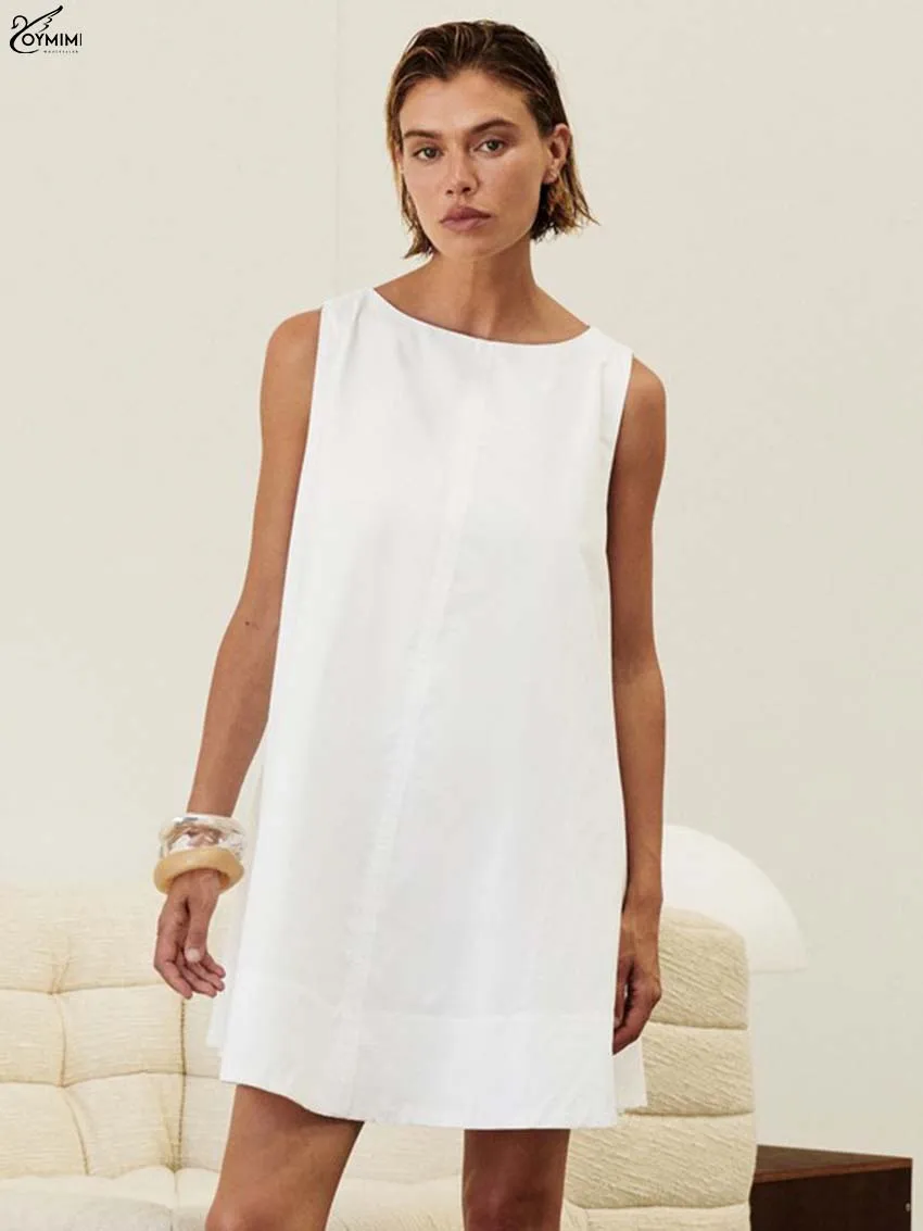 

Oymimi Fashion White Cotton Women's Dress Casual O-Neck Sleeveless Simple Dresses Autumn New Loose Mini Dresses Female Clothing