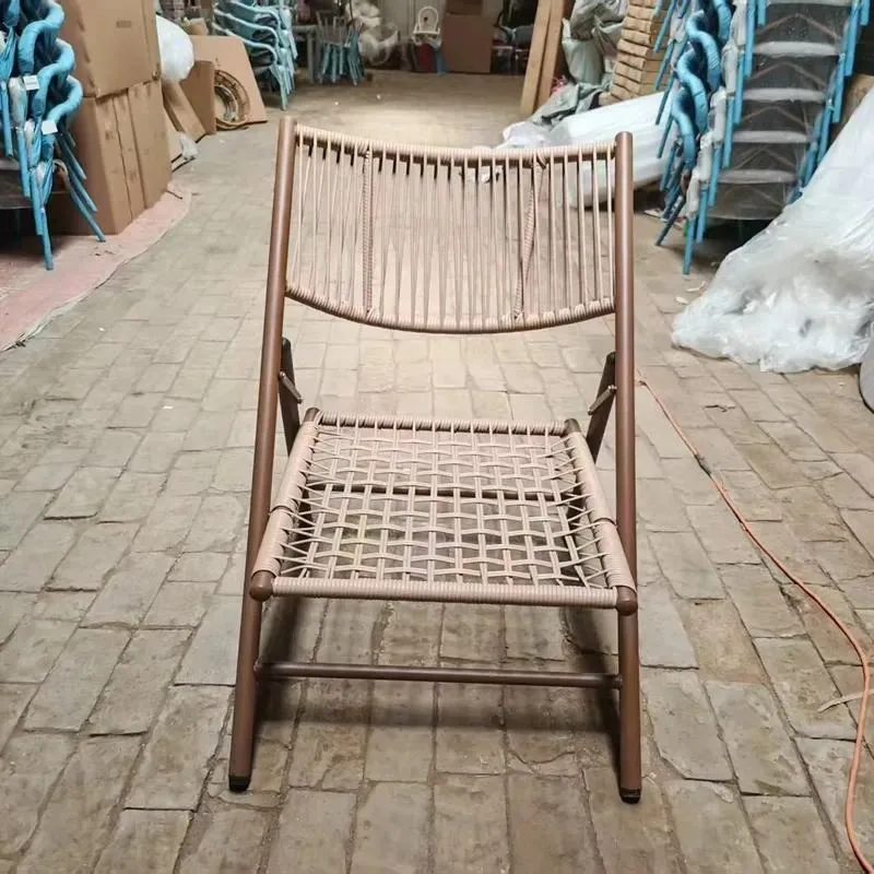 Outdoor Woven Rope Chair Portable Metal Frame Lounger for Terrace Balcony Garden