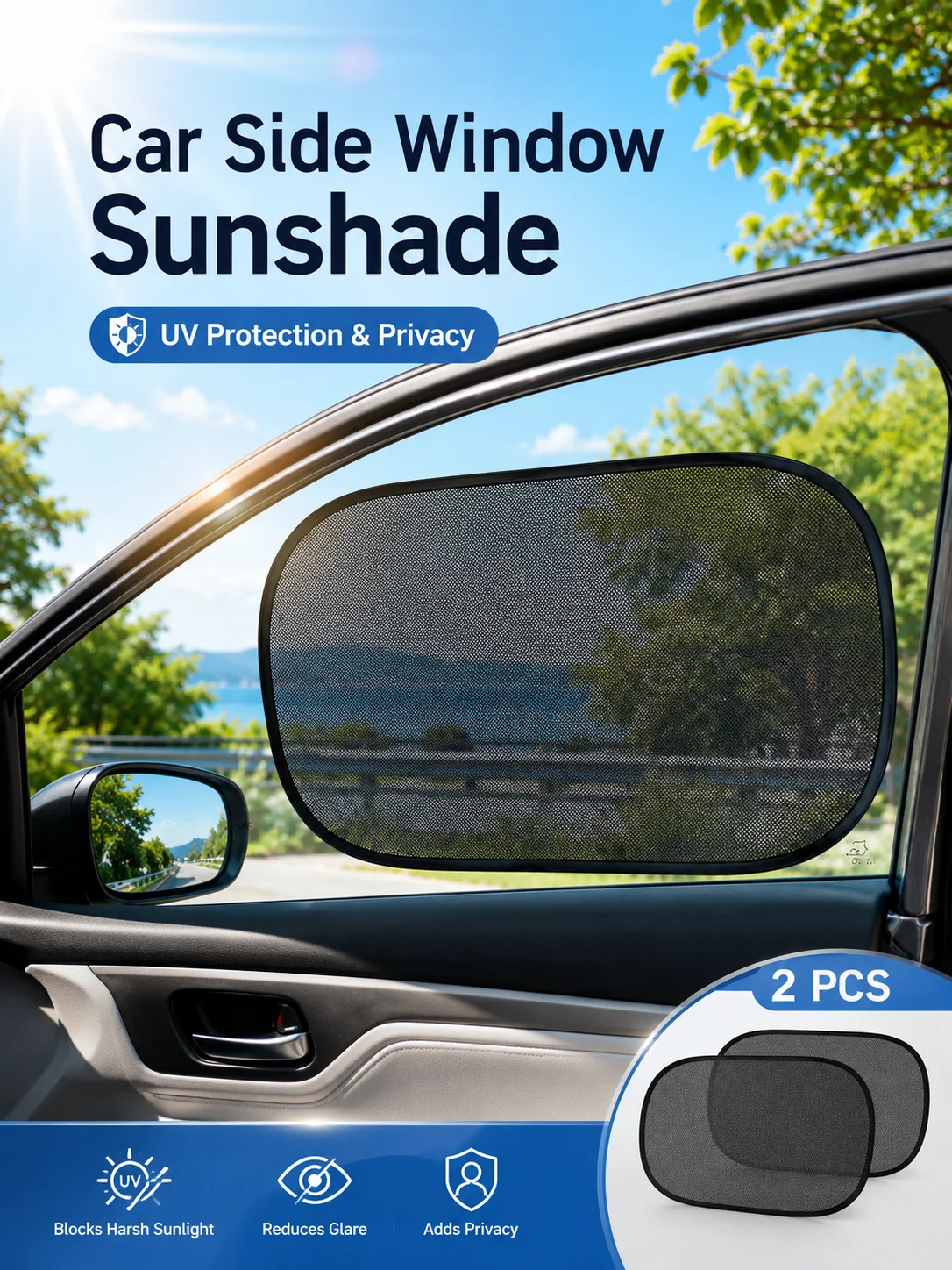 Car Side Window Sun Shade 54x36cm Static Cling Mesh UV Protection Anti-Glare Baby Kids Window Screen for Cars SUVs
