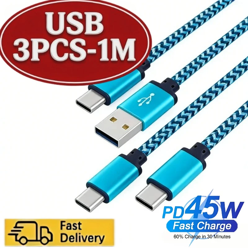 

Новый кабель USB Type-C 60W 2.4A для быстрой зарядки, нейлоновая оплетка, синхронизация данных, для Samsung Android, 1 м, 3/1 шт.