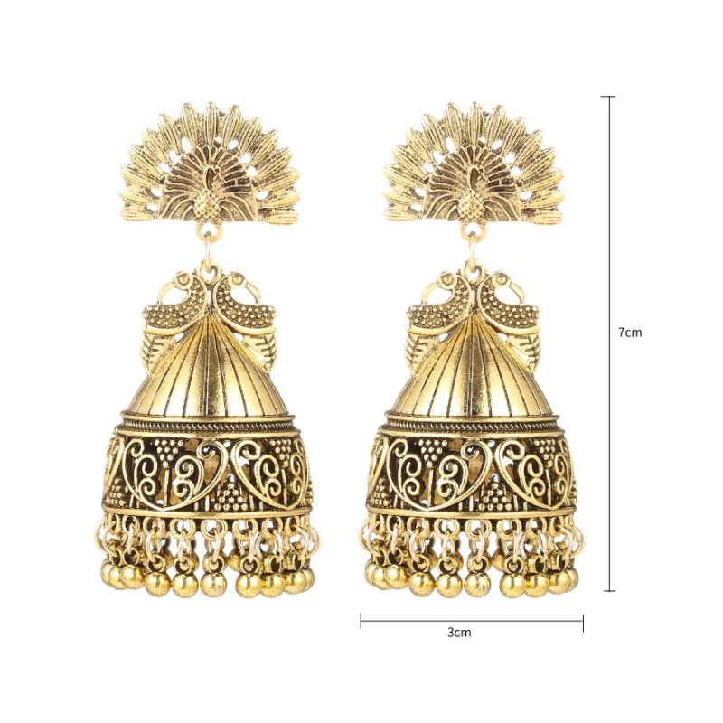 2024 Ethnic Jhumka Earrings for Women Nepal Bohemian Jewelry Exaggerated Retro Indian Style Hollow Bell Pendant Peacock Earrings