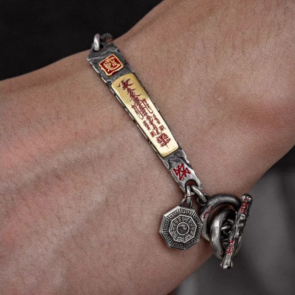 Taoism Charm God of Wealth Bracelet Tibetan Silver 999 Ethnic Style Fashion All-match Retro Taoist Culture Bracelet Lucky Gifts
