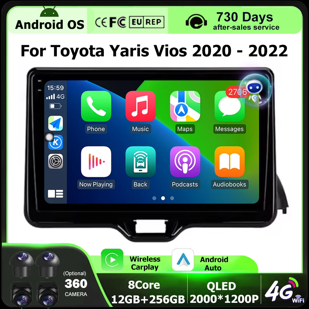 

Беспроводной CarPlay для Toyota Yaris Vios 2020-2022, Android 16, автомобильная мультимедийная система, видеоплеер, GPS-навигация, 4G, Wi-Fi