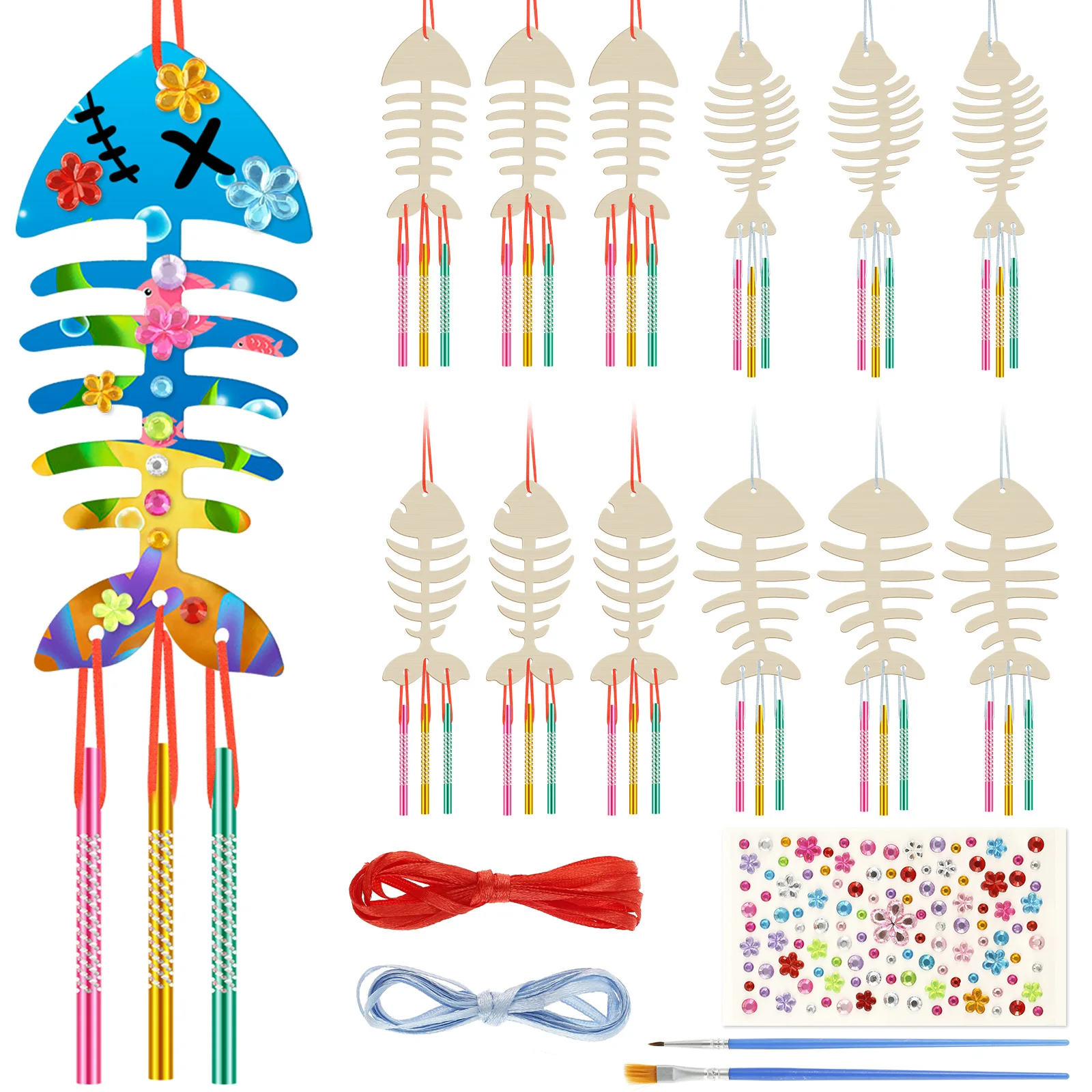 12/16Pcs Wooden Wind Chime Kit DIY Colored Fishbone Owl Flamingo Wind Chime Crafts Creative Home Hanging Ornaments Party Gifts