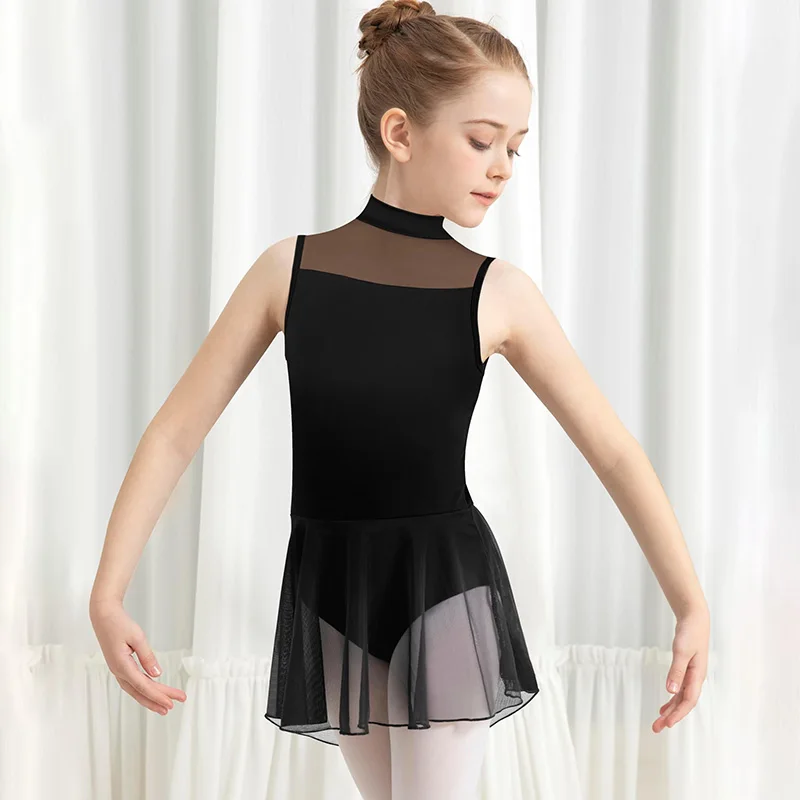 Leotardo de Ballet para niñas, para baile, gimnasia, falda de malla, tanque de leotardo con ojo de cerradura, espalda hueca y vestido de Ballet empalmado de malla en el pecho