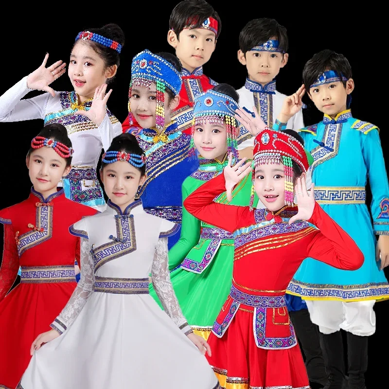 Children Mongolian Dance Dress Chinese Traditional  Folk Practice Skirt Girl National Style Tibetan Ancient Ethnic DanceWear