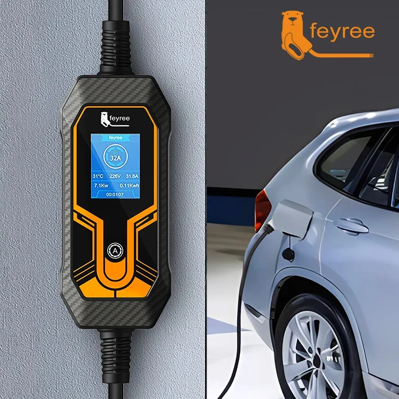 feyree Portable EV Charger Type2 7KW 32A EVSE Charging Box CEE Plug Type1 j1772 GB/T Cord Charger 5M Cable for Electric Vehicle