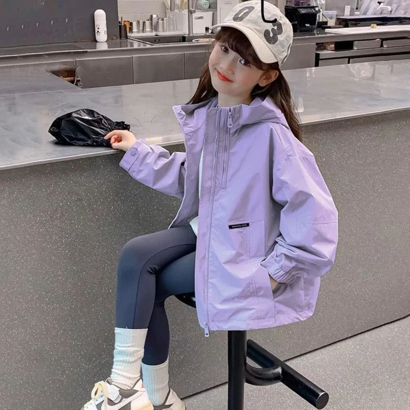 Spring Autumn New Girls Coats Solid Color Hooded Zipper Interchange Jacket For 5 6 8 10 12 14 Years Teen Girls Leisure Overcoat