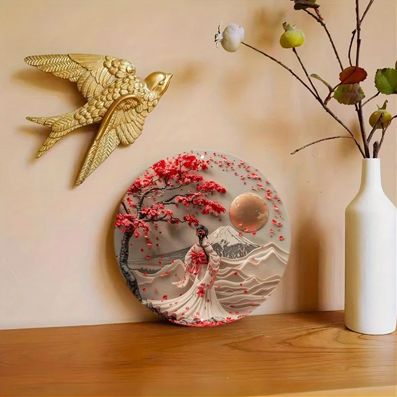 A Beautiful Japanese Woman in Kimono Stands Under the Cherry Blossom Tree - Artistic Wall Decor, Aluminum Metal Sign