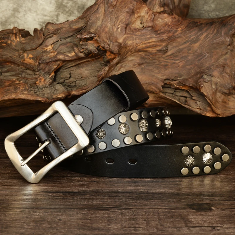 High Quality Punk Rivet Belt Personalized Sweet and Cool Style Skull Buckle Neutral Pin Buckle Genuine Cowskin Belt