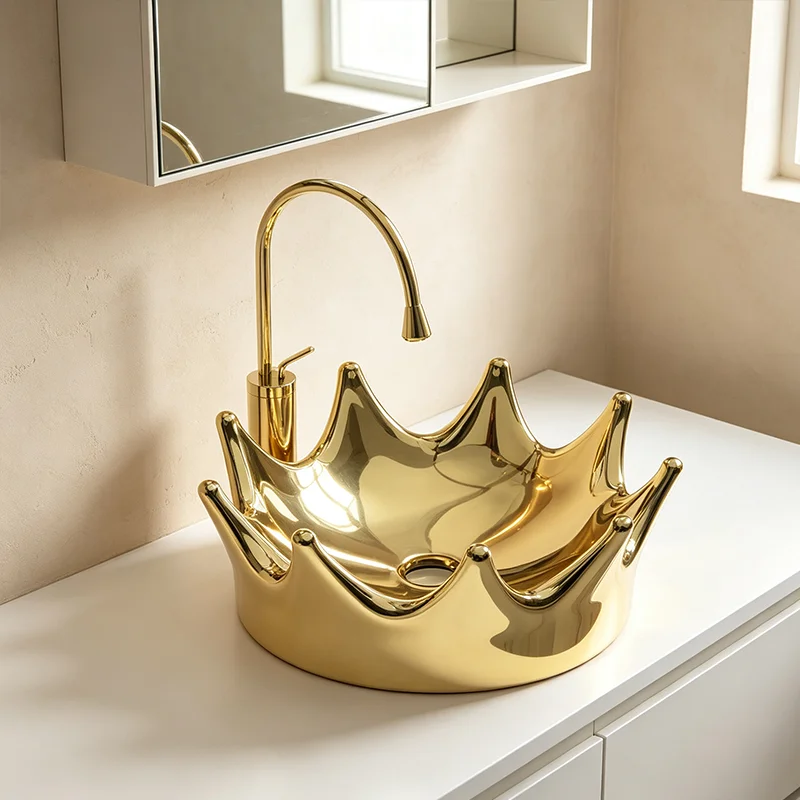 40Cm*40Cm Golden Crown-Shaped Ceramic Washbasin - an Ideal Choice for Modern Bathroom Equipment, Suitable for Changing Rooms, Vanity Tables, Public Rooms, Bathrooms, Toilets, and Rvs