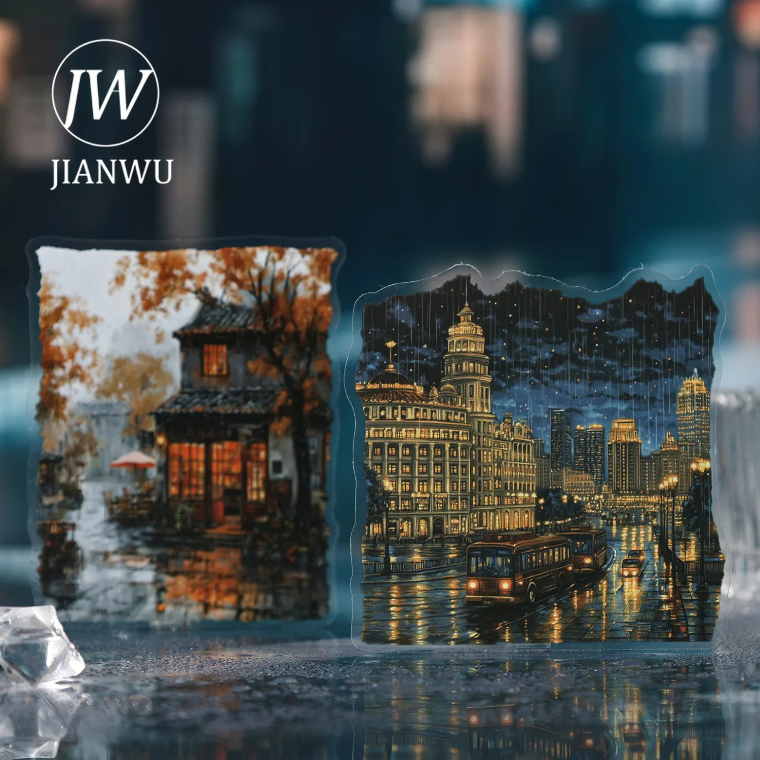 

JIANWU The Hazy Rainy Series Vintage City Street Tree Landscape Material Collage PET Sticker Creative DIY Journal Stationery
